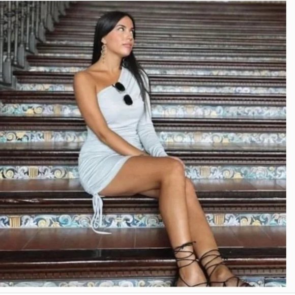 ZARA One Shoulder Asymmetrical Ruched Bodycon Stretch Fully Lined Dress - Picture 3 of 9